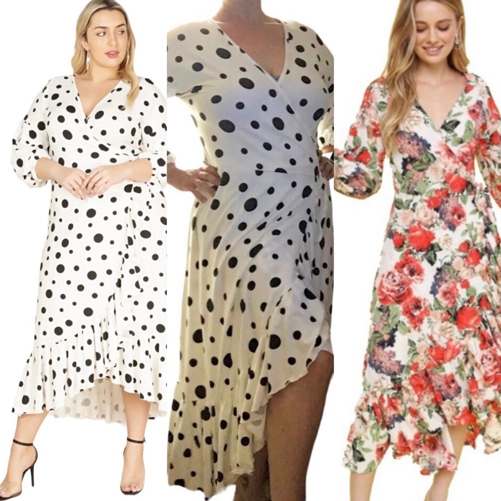 Large Black and white polkadot wrap style dress w ruffle hemline, bell sleeves